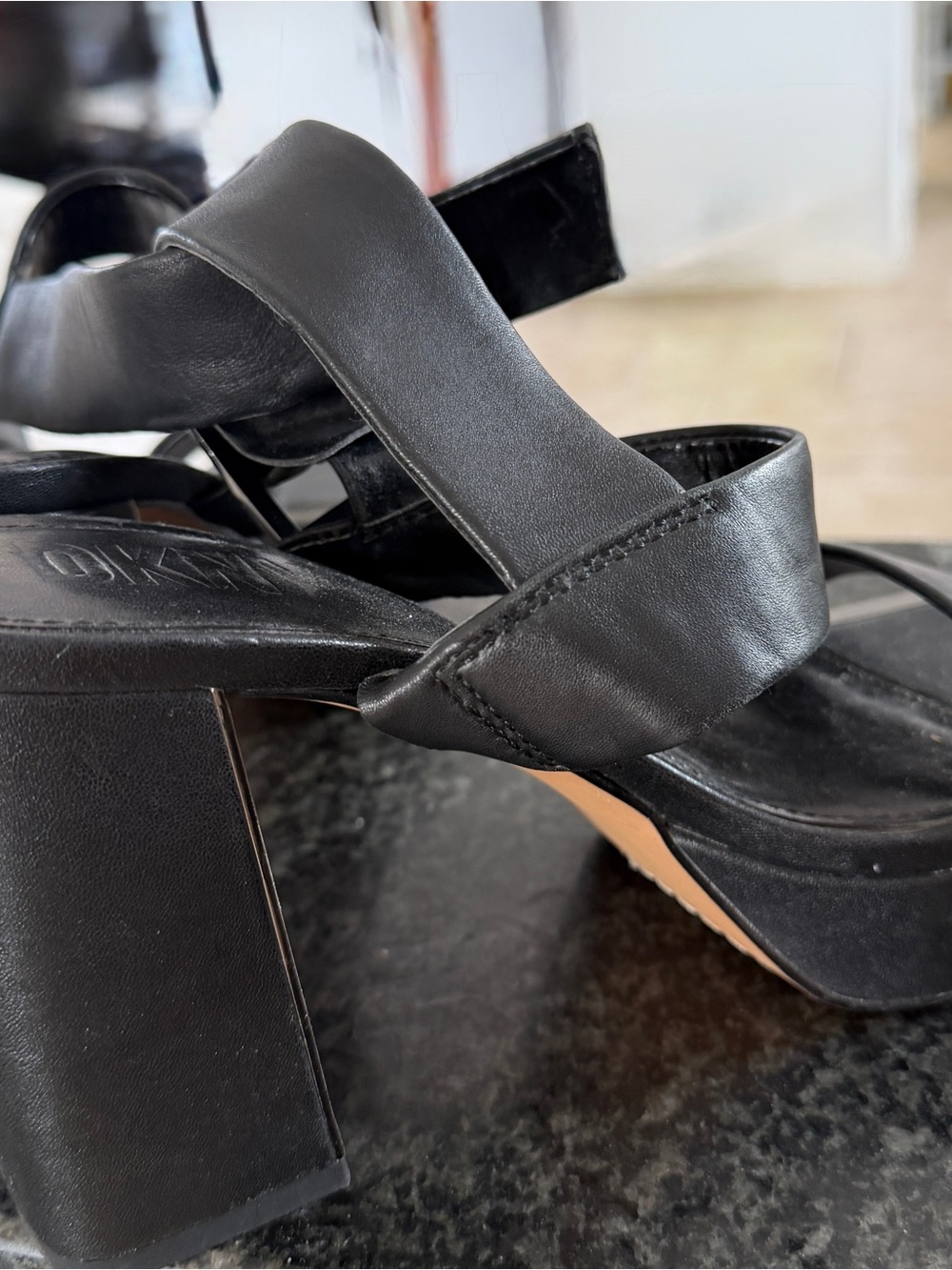 DKNY Black Leather Block Heel Strappy Sandals